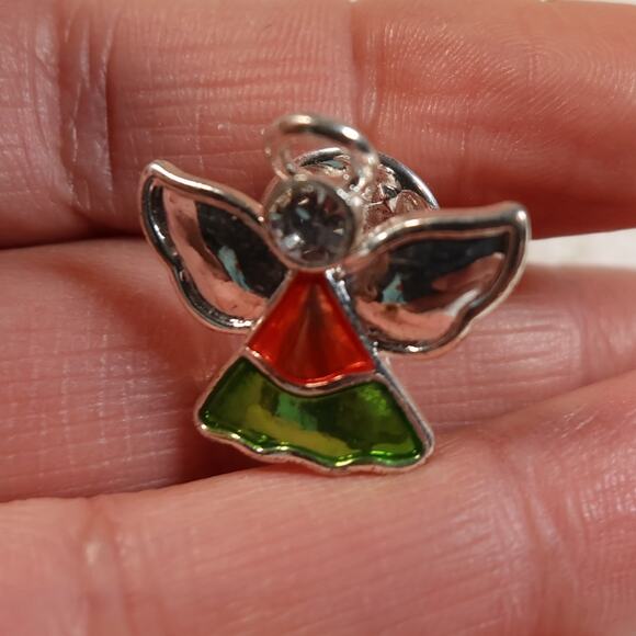 VTG Guardian Angel Tac Pin - 18K Gold Finish with Red & Green European Crystals - Picture 1 of 6